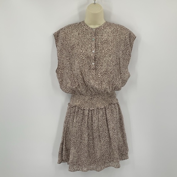 Rails Angelina mini dress linen sand cheetah tan cream smocked layer new Large L - Picture 2 of 7